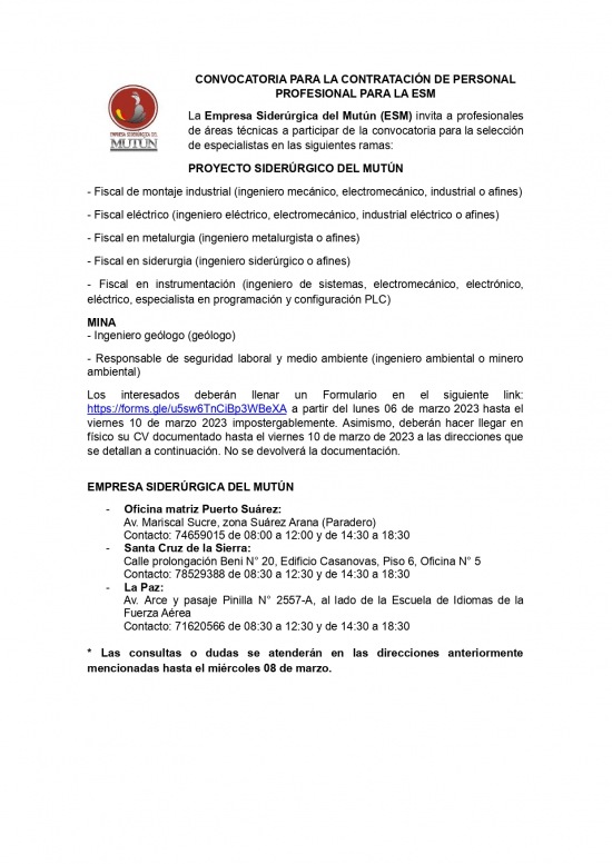 CONVOCATORIA EXTERNA DE PERSONAL  - Empresa Siderúrgica del Mutún