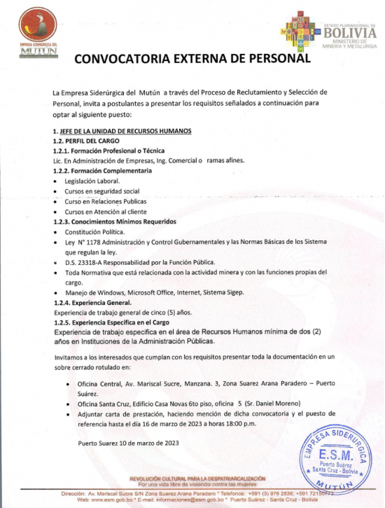 CONVOCATORIA PARA EL CARGO DE JEFE DE RECURSOS HUMANOS  - Empresa Siderúrgica del Mutún