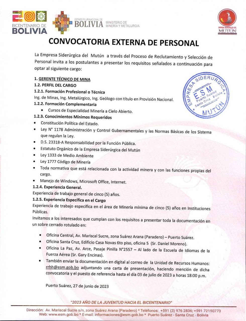 CONVOCATORIA A GERENTE TÉCNICO DE MINA  - Empresa Siderúrgica del Mutún