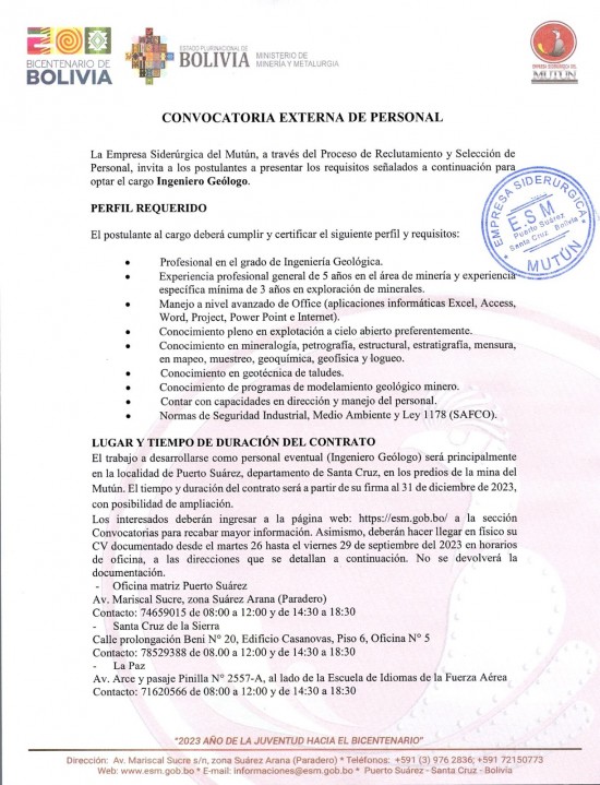 CONVOCATORIA INGENIERO GEÓLOGO   - Empresa Siderúrgica del Mutún