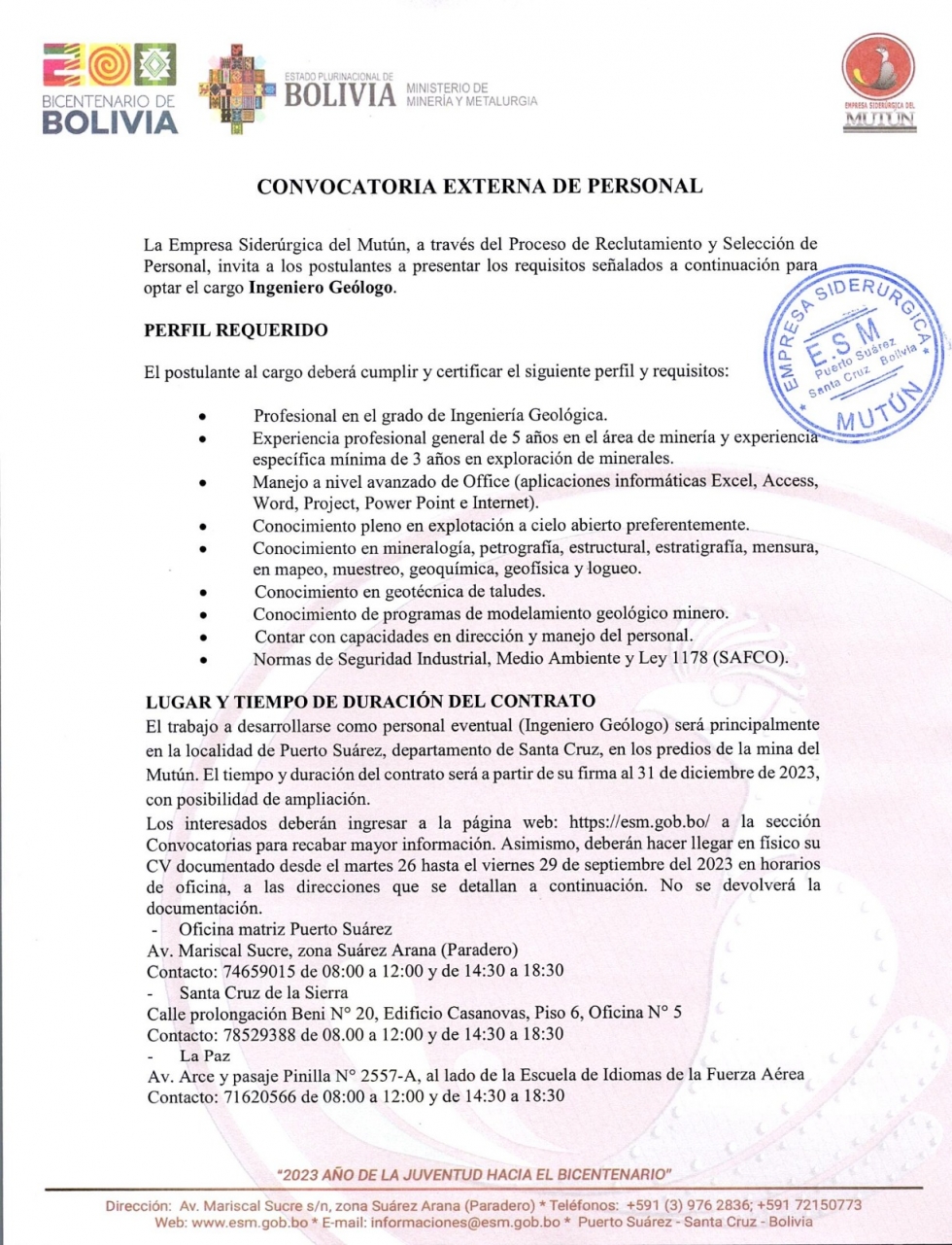 CONVOCATORIA INGENIERO GEÓLOGO   - Empresa Siderúrgica del Mutún