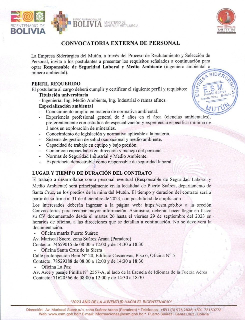 CONVOCATORIA RESPONSABLE DE SEGURIDAD LABORAL Y MEDIO AMBIENTE  - Empresa Siderúrgica del Mutún