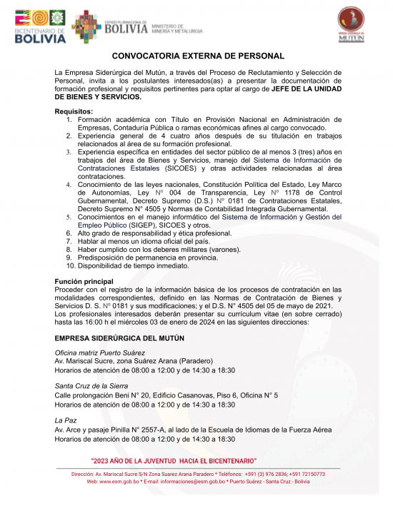 CONVOCATORIA PARA JEFE DE LA UNIDAD DE BIENES Y SERVICIOS  - Empresa Siderúrgica del Mutún