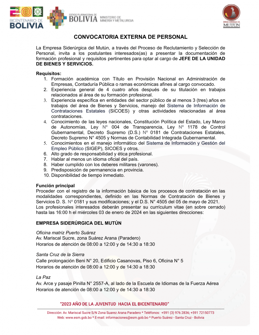 CONVOCATORIA PARA JEFE DE LA UNIDAD DE BIENES Y SERVICIOS  - Empresa Siderúrgica del Mutún