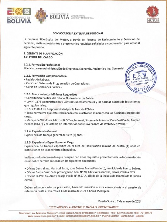 CONVOCATORIA GERENTE DE PLANIFICACIÓN  - Empresa Siderúrgica del Mutún