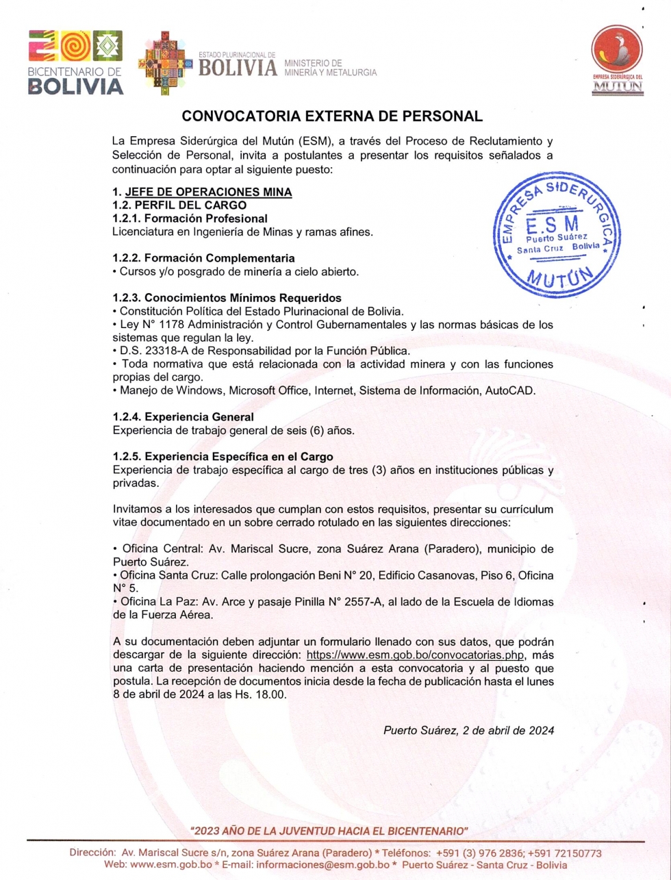 CONVOCATORIA PARA JEFE DE OPERACIONES MINA  - Empresa Siderúrgica del Mutún