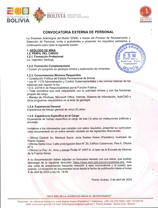 CONVOCATORIA GEÓLOGO DE MINA  - Empresa Siderúrgica del Mutún