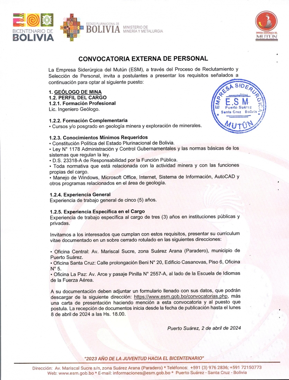 CONVOCATORIA GEÓLOGO DE MINA  - Empresa Siderúrgica del Mutún