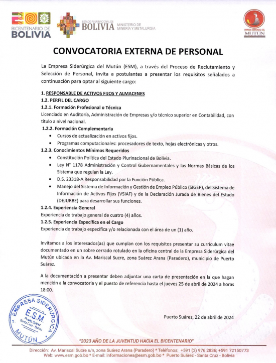 CONVOCATORIA RESPONSABLE DE ACTIVOS FIJOS Y ALMACENES  - Empresa Siderúrgica del Mutún