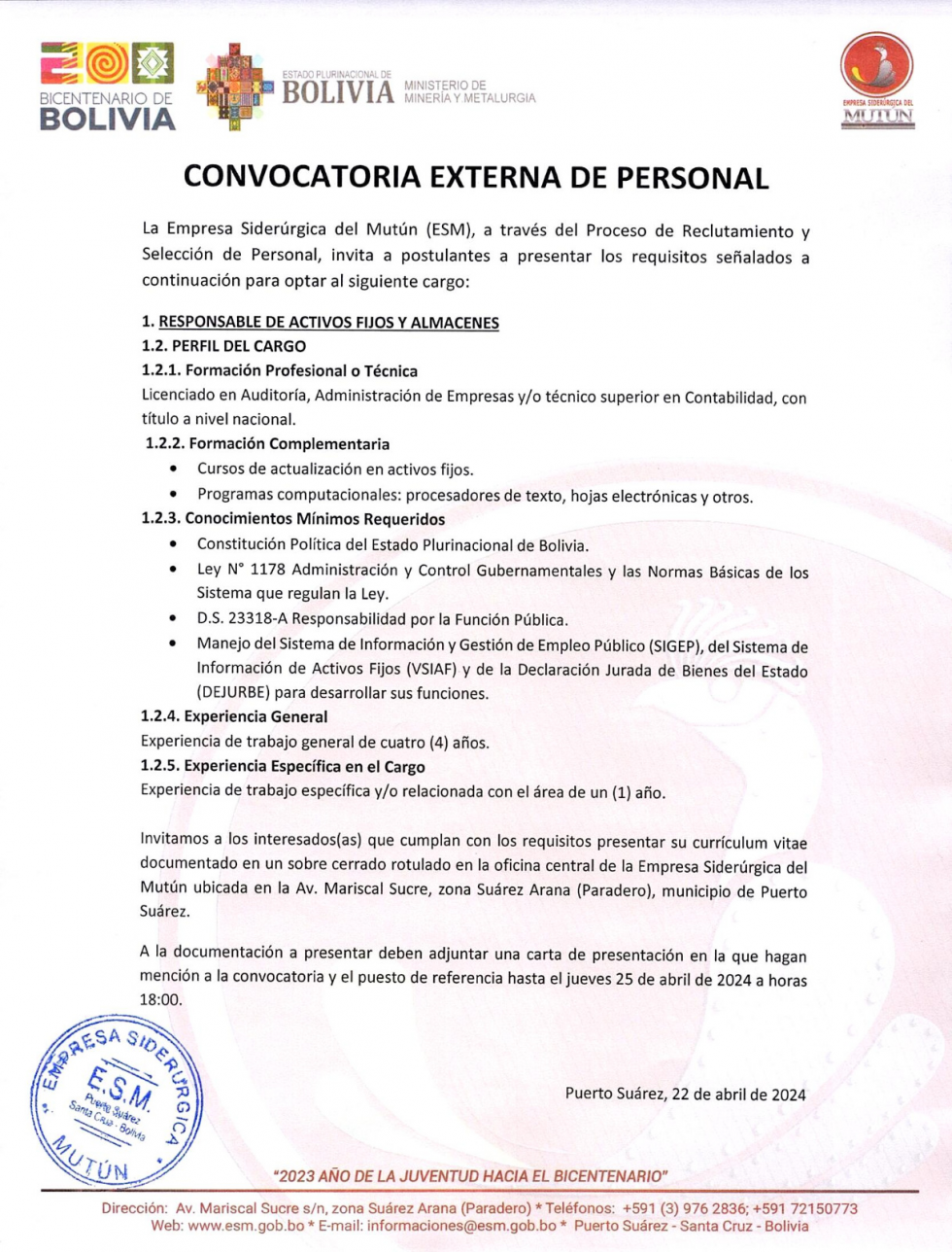 CONVOCATORIA RESPONSABLE DE ACTIVOS FIJOS Y ALMACENES  - Empresa Siderúrgica del Mutún