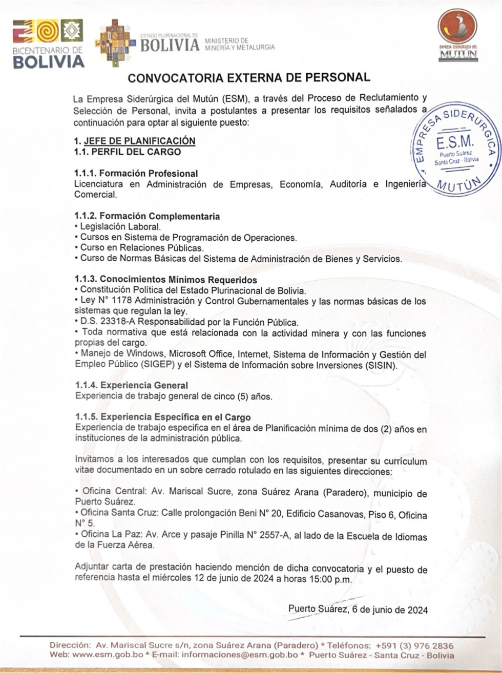 CONVOCATORIA JEFE DE PLANIFICACIÓN  - Empresa Siderúrgica del Mutún