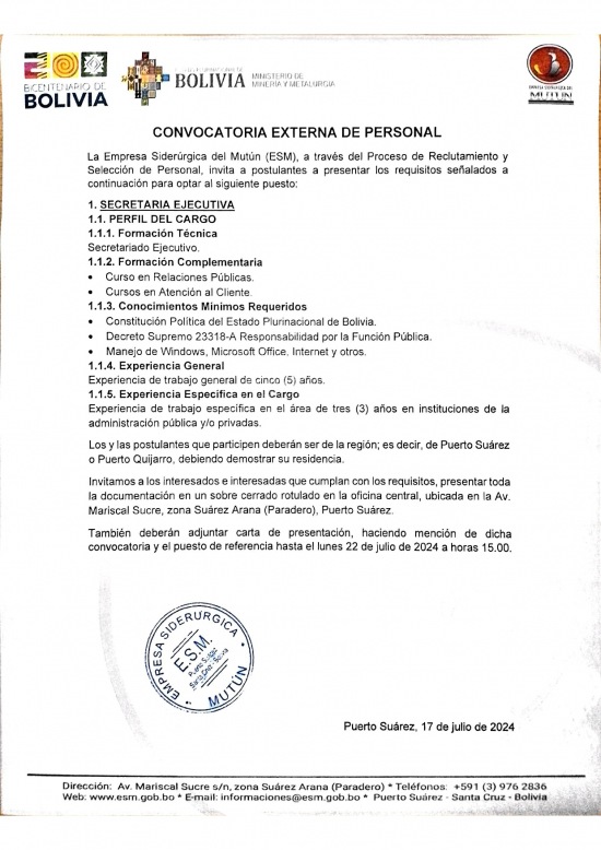 CONVOCATORIA SECRETARIA EJECUTIVA   - Empresa Siderúrgica del Mutún