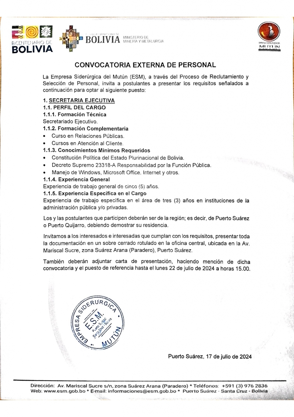 CONVOCATORIA SECRETARIA EJECUTIVA   - Empresa Siderúrgica del Mutún