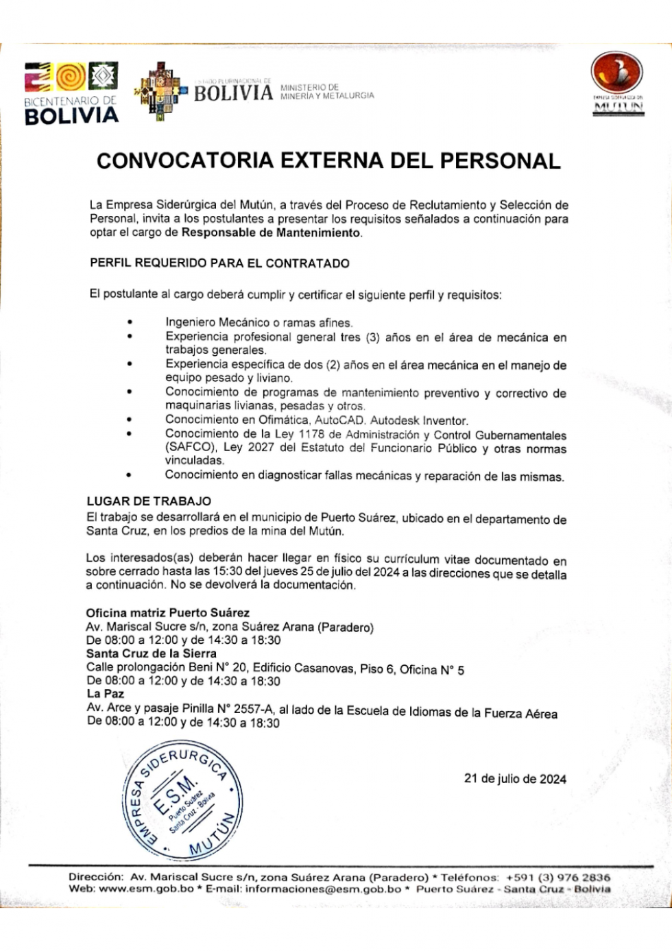 CONVOCATORIA RESPONSABLE DE MANTENIMIENTO  - Empresa Siderúrgica del Mutún