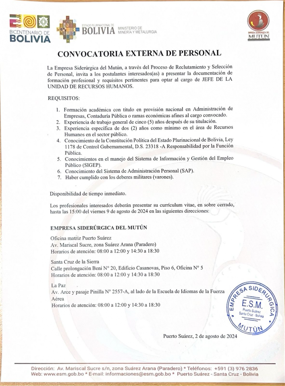 CONVOCATORIA JEFE DE LA UNIDAD DE RECURSOS HUMANOS  - Empresa Siderúrgica del Mutún