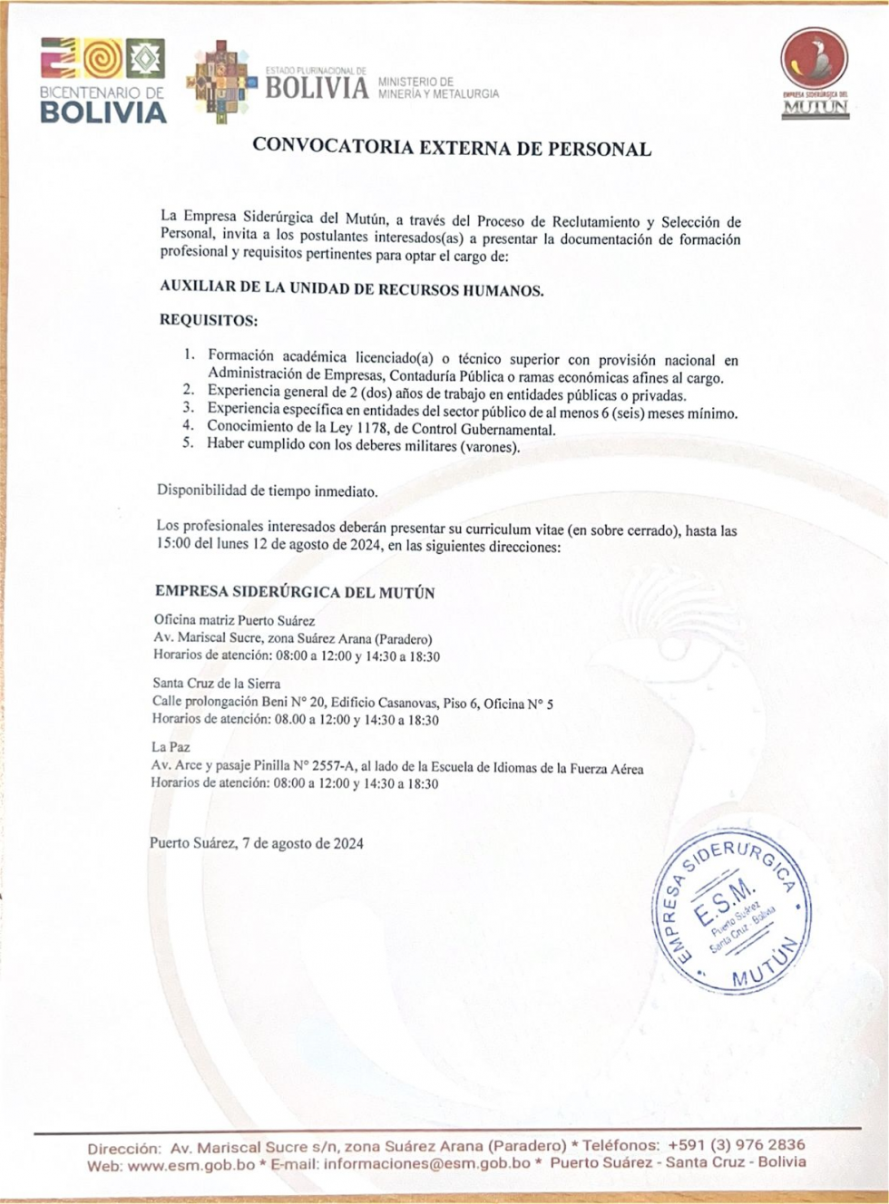 CONVOCATORIA AUXILIAR DE RECURSOS HUMANOS   - Empresa Siderúrgica del Mutún