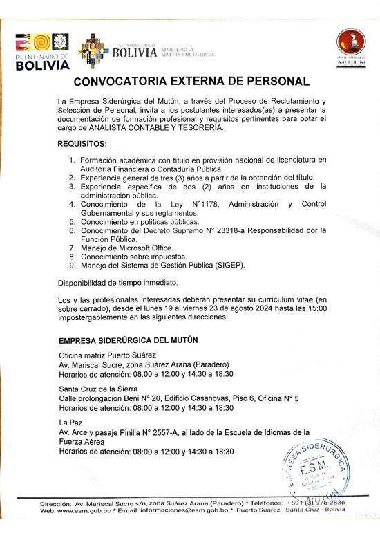CONVOCATORIA ANALISTA CONTABLE Y TESORERÍA  - Empresa Siderúrgica del Mutún