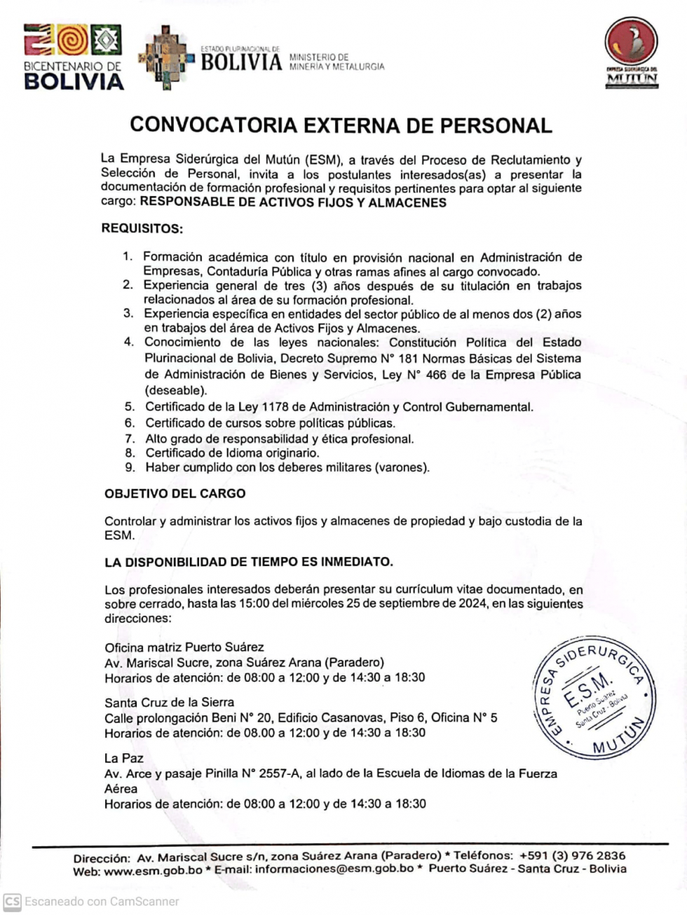 CONVOCATORIA RESPONSABLE DE ACTIVOS FIJOS Y ALMACENES   - Empresa Siderúrgica del Mutún