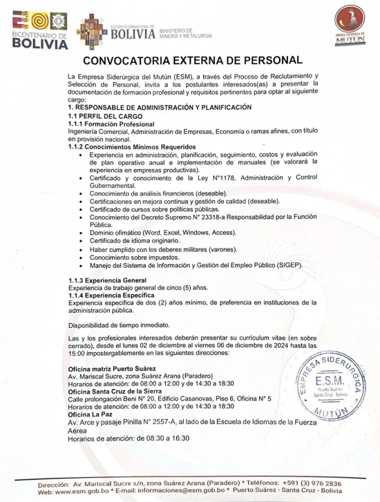 CONVOCATORIA RESPONSABLE DE ADMINISTRACIÓN Y PLANIFICACIÓN  - Empresa Siderúrgica del Mutún