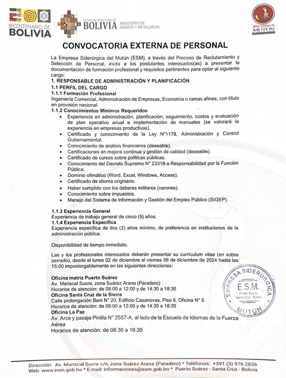 CONVOCATORIA RESPONSABLE DE ADMINISTRACIÓN Y PLANIFICACIÓN  - Empresa Siderúrgica del Mutún