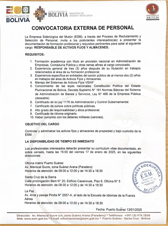 CONVOCATORIA RESPONSABLE DE ACTIVOS FIJOS Y ALMACENES  - Empresa Siderúrgica del Mutún