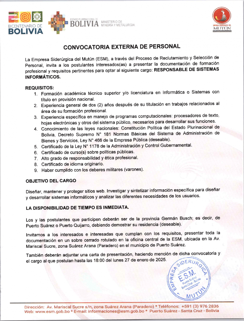 CONVOCATORIA RESPONSABLE DE SISTEMAS INFORMÁTICOS  - Empresa Siderúrgica del Mutún