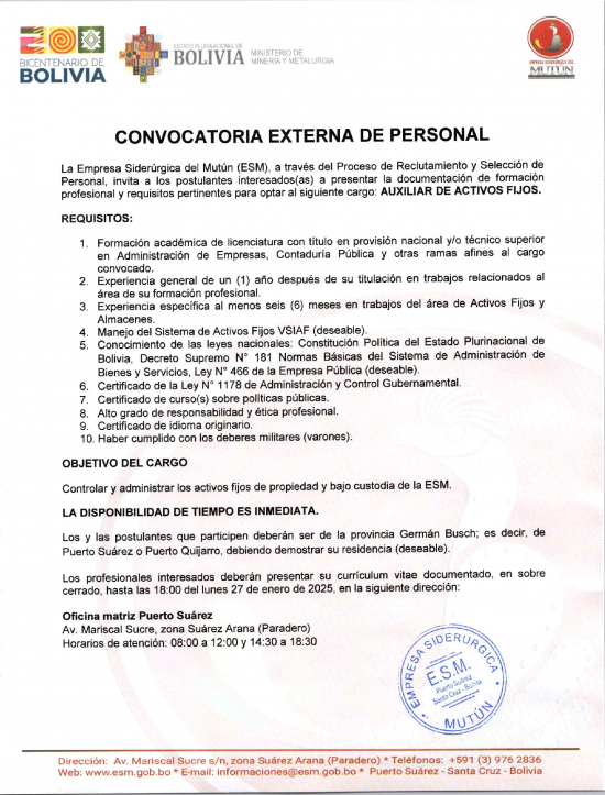 CONVOCATORIA AUXILIAR DE ACTIVOS FIJOS  - Empresa Siderúrgica del Mutún