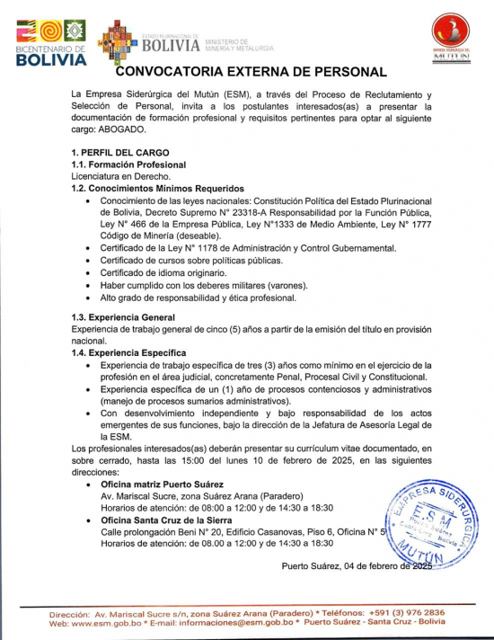 CONVOCATORIA ABOGADO(A)  - Empresa Siderúrgica del Mutún