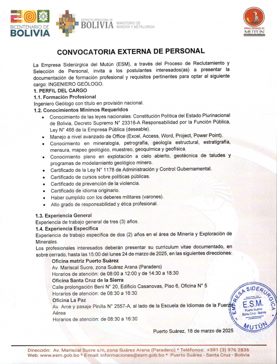 CONVOCATORIA INGENIERO GEÓLOGO  - Empresa Siderúrgica del Mutún