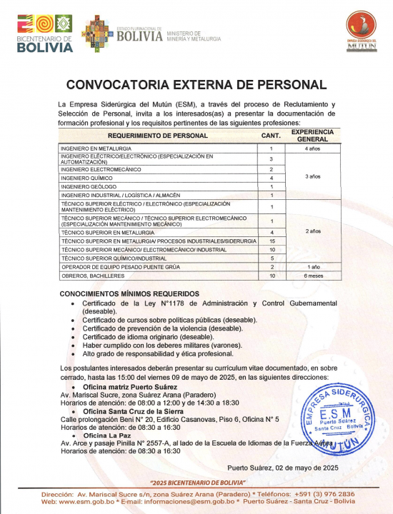 CONVOCATORIA EXTERNA DE PERSONAL PARA DIFERENTES CARGOS  - Empresa Siderúrgica del Mutún