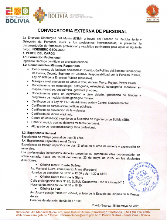 CONVOCATORIA INGENIERO GEÓLOGO  - Empresa Siderúrgica del Mutún
