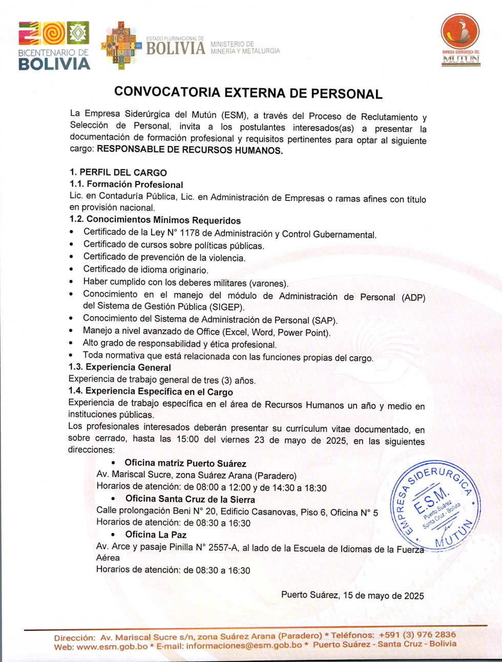 CONVOCATORIA RESPONSABLE DE RECURSOS HUMANOS  - Empresa Siderúrgica del Mutún