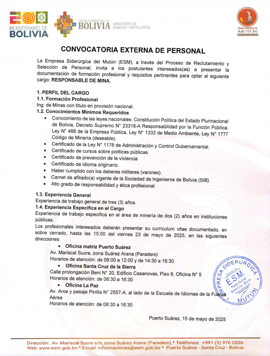 CONVOCATORIA RESPONSABLE DE MINA  - Empresa Siderúrgica del Mutún