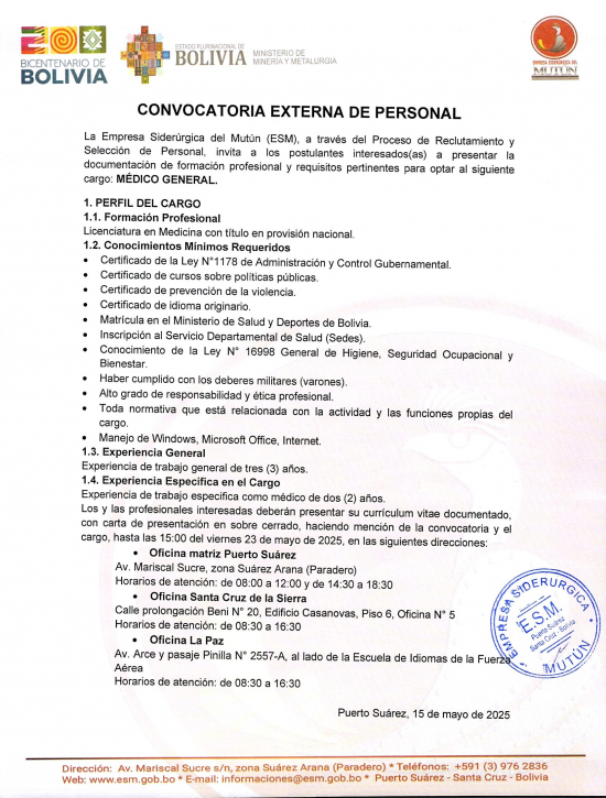 CONVOCATORIA MÉDICO GENERAL  - Empresa Siderúrgica del Mutún