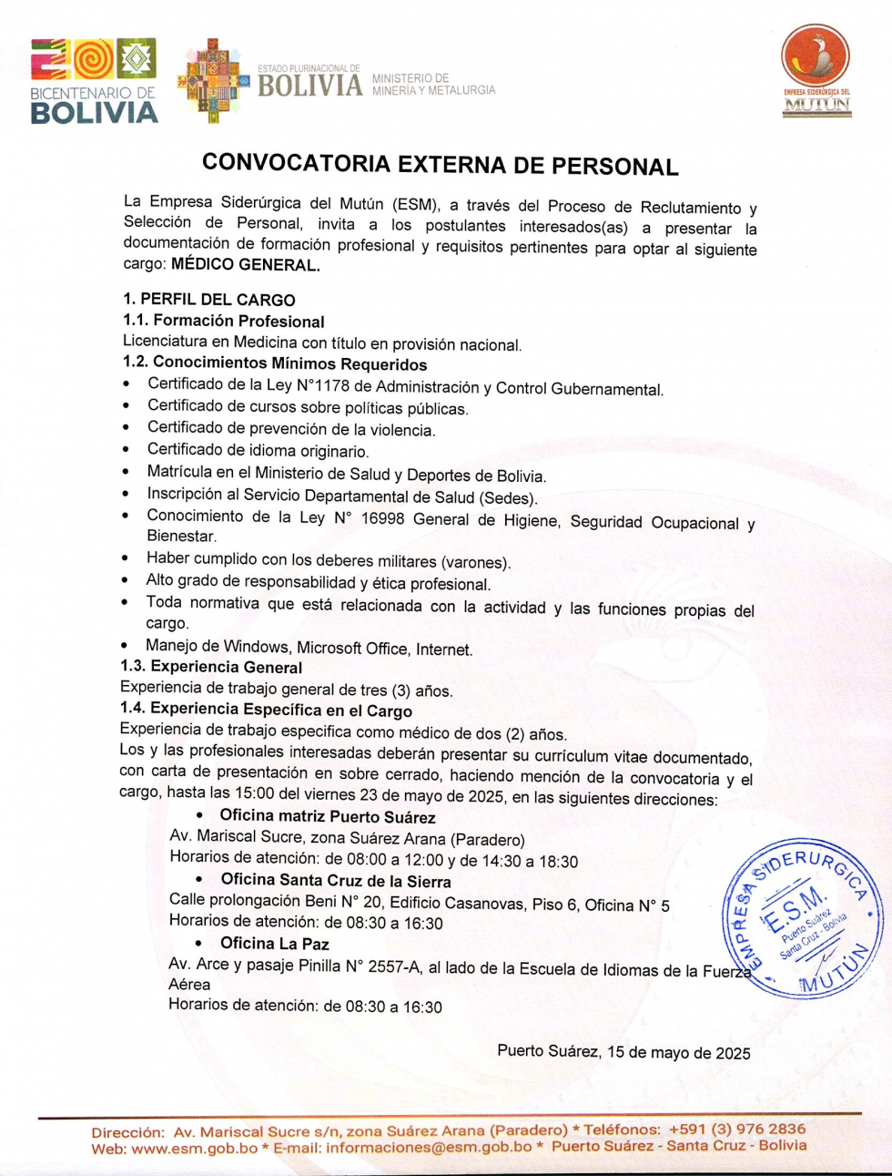 CONVOCATORIA MÉDICO GENERAL  - Empresa Siderúrgica del Mutún