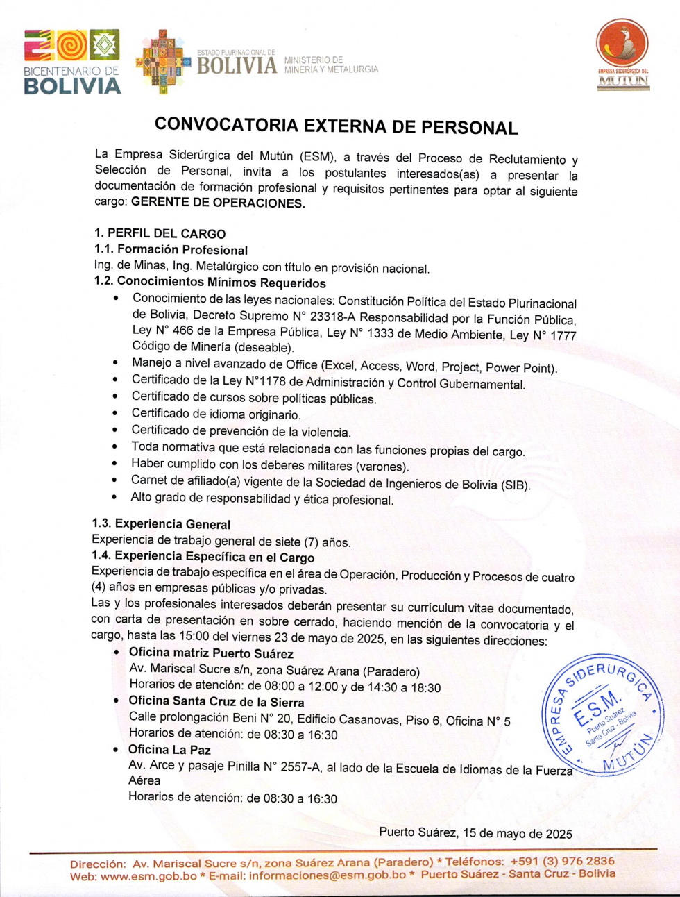 CONVOCATORIA  GERENTE DE OPERACIONES  - Empresa Siderúrgica del Mutún