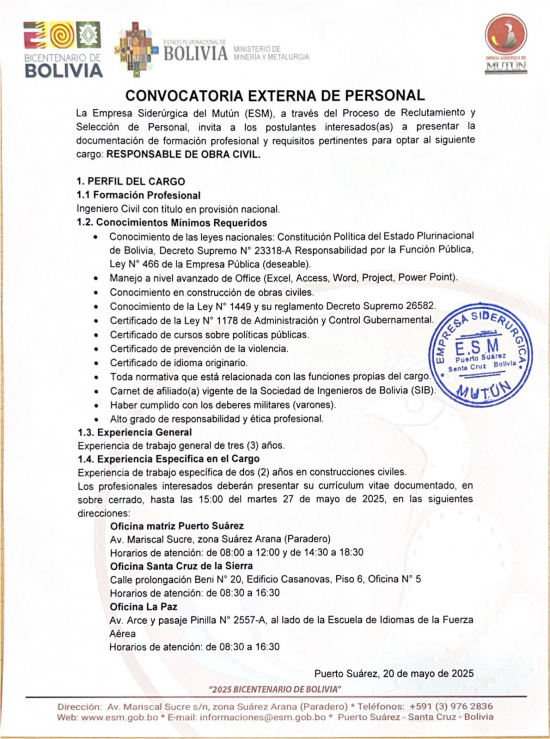 CONVOCATORIA RESPONSABLE DE OBRA CIVIL  - Empresa Siderúrgica del Mutún