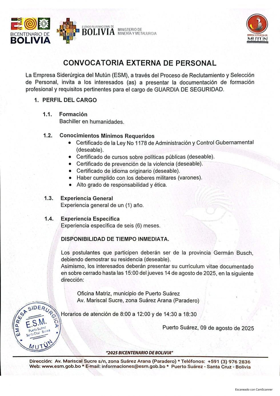 CONVOCATORIA GUARDIA DE SEGURIDAD  - Empresa Siderúrgica del Mutún