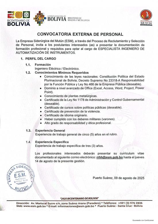 CONVOCATORIA ESPECIALISTA INGENIERO DE AUTOMATIZACIÓN E INSTRUMENTOS  - Empresa Siderúrgica del Mutún