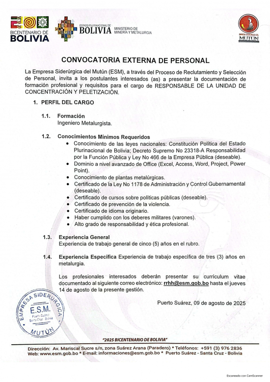 CONVOCATORIA RESPONSABLE DE LA UNIDAD DE CONCENTRACIÓN Y PELETIZACIÓN  - Empresa Siderúrgica del Mutún