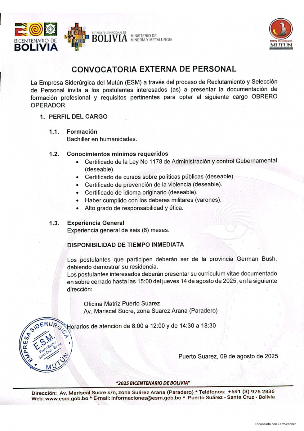 CONVOCATORIA OBRERO OPERADOR  - Empresa Siderúrgica del Mutún