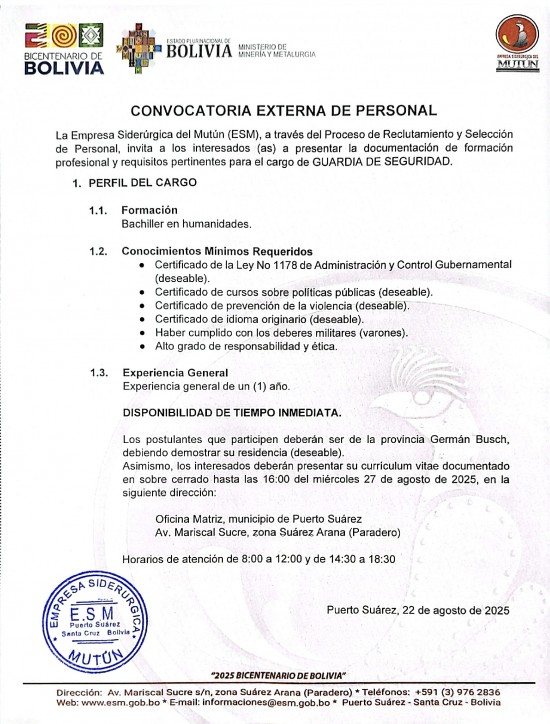 CONVOCATORIA GUARDIA DE SEGURIDAD  - Empresa Siderúrgica del Mutún