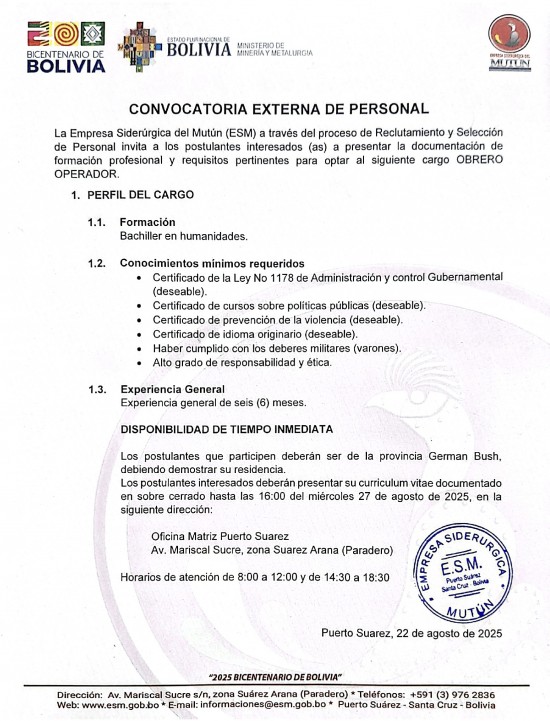 CONVOCATORIA OBRERO OPERADOR  - Empresa Siderúrgica del Mutún