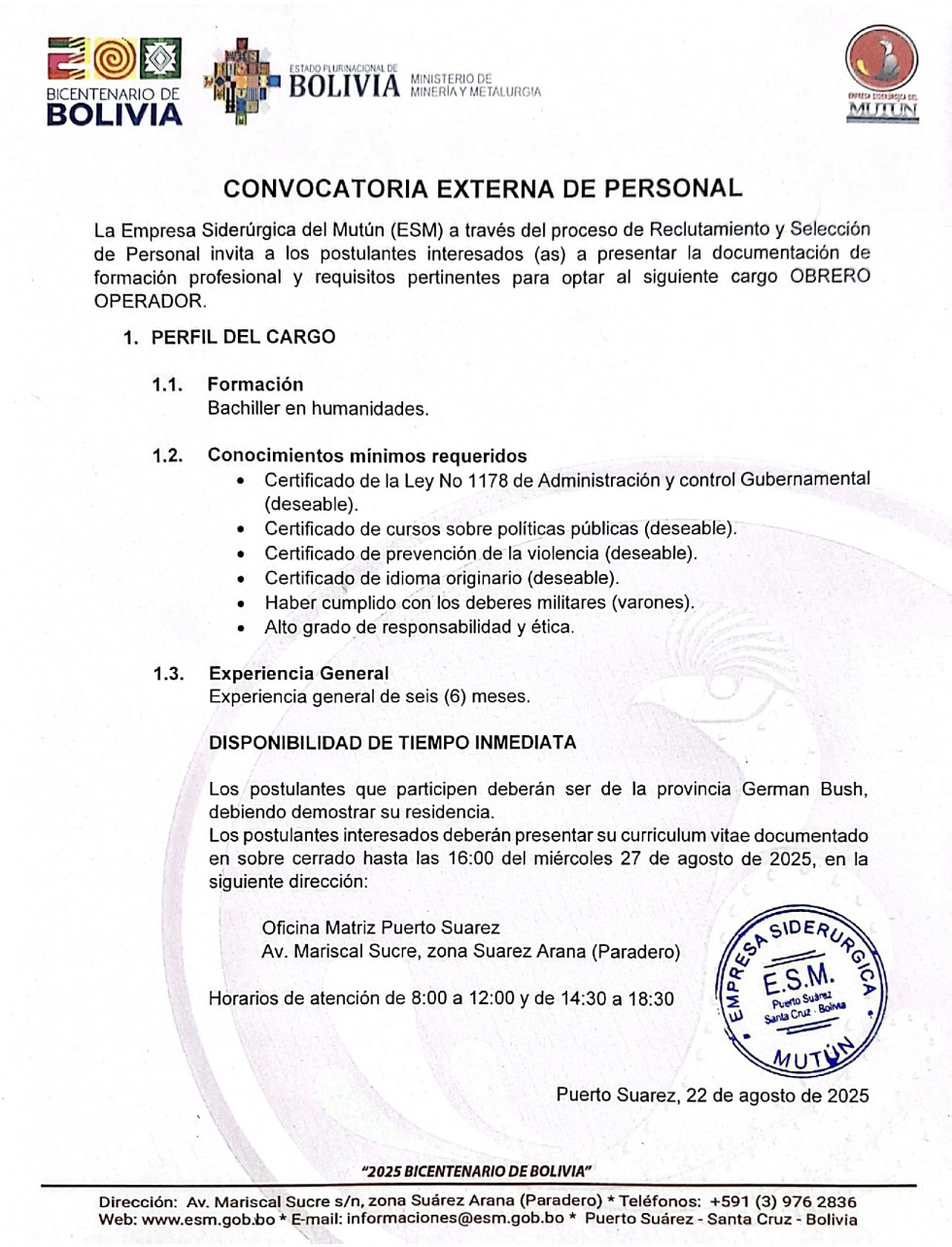 CONVOCATORIA OBRERO OPERADOR  - Empresa Siderúrgica del Mutún