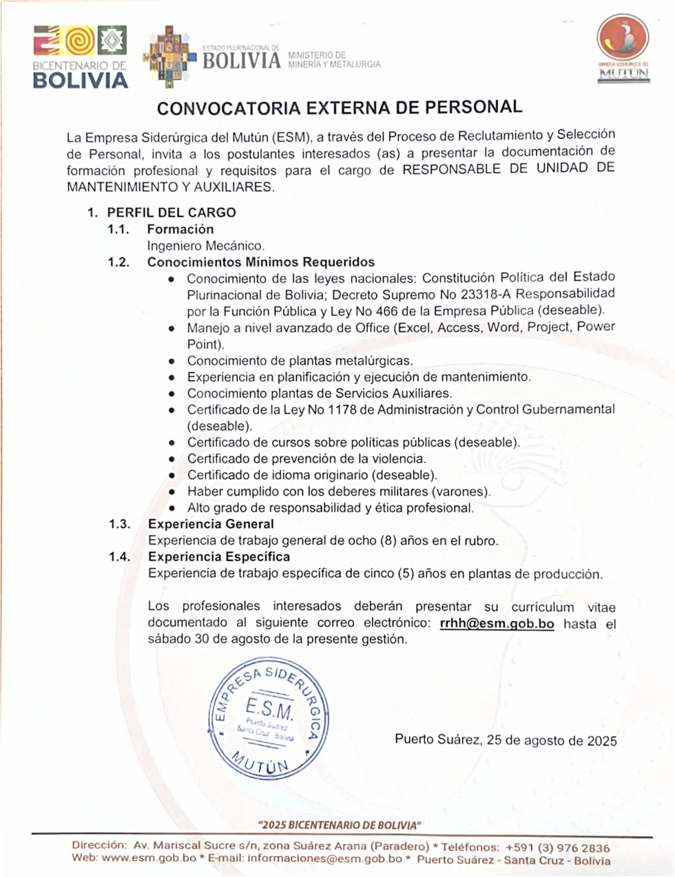 CONVOCATORIA RESPONSABLE DE UNIDAD DE MANTENIMIENTO Y AUXILIARES  - Empresa Siderúrgica del Mutún