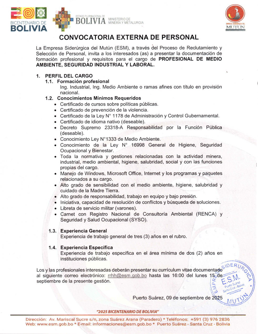 CONVOCATORIA PROFESIONAL DE MEDIO AMBIENTE, SEGURIDAD INDUSTRIAL Y LABORAL  - Empresa Siderúrgica del Mutún