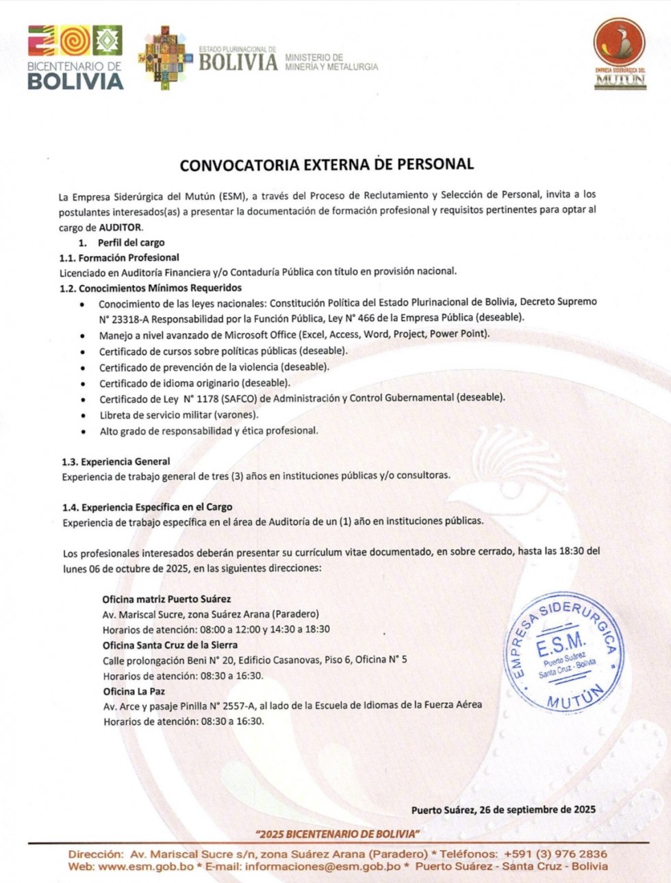 CONVOCATORIA AUDITOR  - Empresa Siderúrgica del Mutún