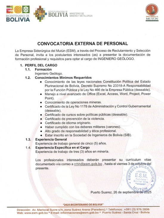 CONVOCATORIA INGENIERO GEÓLOGO  - Empresa Siderúrgica del Mutún