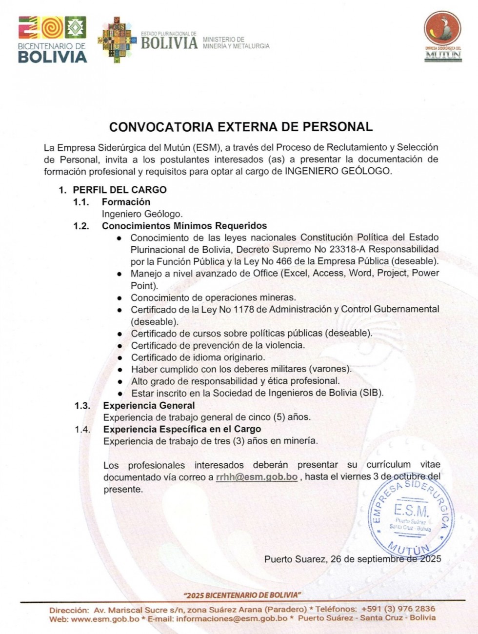 CONVOCATORIA INGENIERO GEÓLOGO  - Empresa Siderúrgica del Mutún
