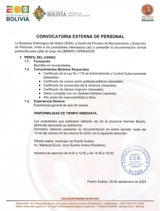 CONVOCATORIA OBRERO OPERADOR  - Empresa Siderúrgica del Mutún